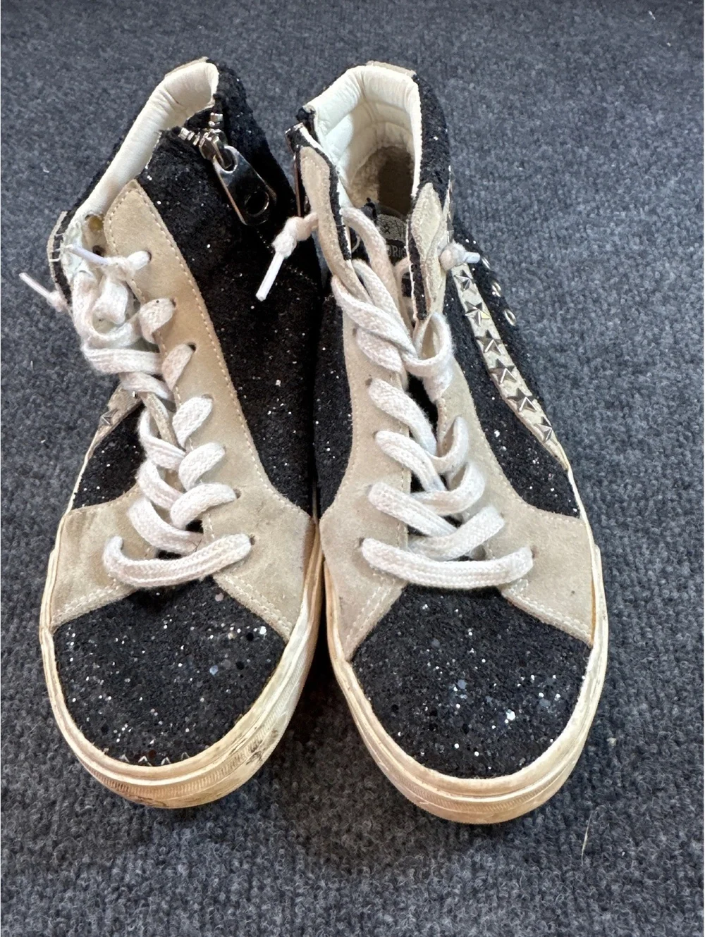 Vintage Original Design Black White High Top Sneakers Glitter Sequin Zip Shoes